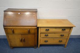 AN EDWARDIAN SATINWOOD CHEST OF THREE LONG DRAWERS, width 92cm x depth 46cm x height 77cm and an oak
