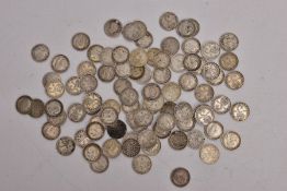 A PARCEL OF EIGHTY EIGHT .925 SILVER THREEPENCE COINS, with some good grades