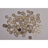 A PARCEL OF EIGHTY EIGHT .925 SILVER THREEPENCE COINS, with some good grades