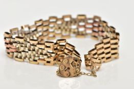 A 9CT GOLD TRI-COLOUR GATE BRACELET, the gate bracelet designed with yellow, white and rose gold