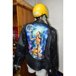 A BLACK LEATHER BIKERS JACKET, with hand painted design to back of kneeling nude, size 48,