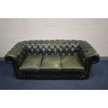 A GREEN LEATHER CHESTERFIELD SOFA, length 195cm (condition - ideal for restoration, crazing to seat,