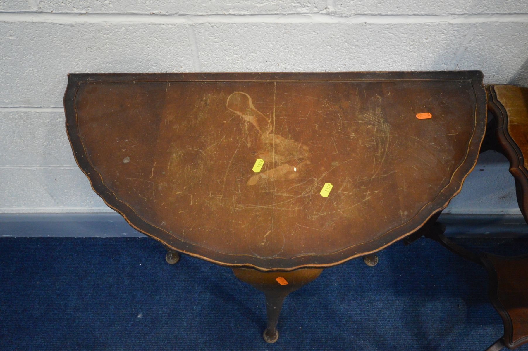 AN EDWARDIAN MAHOGANY CENTRE TABLE with an undershelf, a brown leather suit bag, walnut demi lune - Image 2 of 3