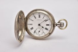 A LONGINES FULL HUNTER POCKET WATCH, round white dial signed 'Longines', Roman numerals, outer