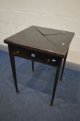 AN LATE 19TH CENTURY STAINED MAHOGANY ENVELOPE CARD TABLE, with a single drawer, on square tapered