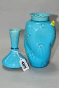 TWO BURMANTOFTS FAIENCE POTTERY TURQUOISE GLAZED VASES, shape No. 405 and 236B, the latter being