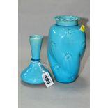 TWO BURMANTOFTS FAIENCE POTTERY TURQUOISE GLAZED VASES, shape No. 405 and 236B, the latter being