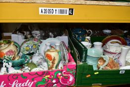 FOUR BOXES OF CERAMICS AND GLASS to include Sadler gold lustre striped tea pot (some wear to