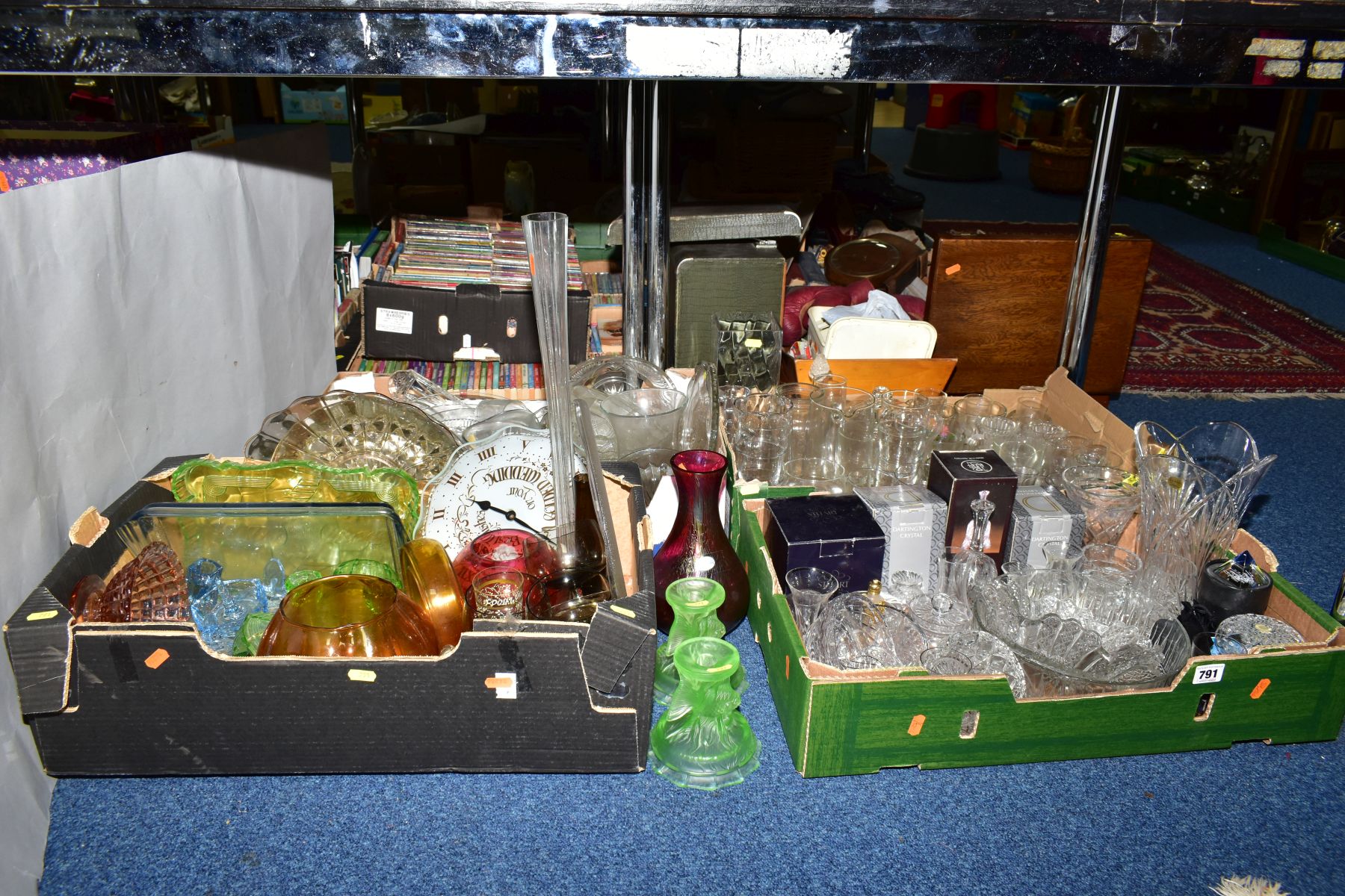 FOUR BOXES AND LOOSE GLASSWARE including coloured pressed moulded dressing table sets, a Royal