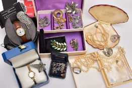 A BOX OF ASSORTED SILVER AND COSTUME JEWELLERY AND TWO WRISTWATCHES, to include a silver oval locket