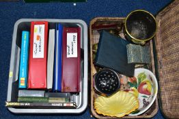 VINTAGE SUITCASE AND ONE BOX OF BOOKS, MAGAZINES, CERAMICS, METALWARE, ETC, to include a green