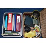 VINTAGE SUITCASE AND ONE BOX OF BOOKS, MAGAZINES, CERAMICS, METALWARE, ETC, to include a green