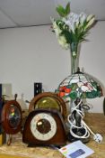 FIVE ITEMS - A LAMP, VASE, MANTEL CLOCK AND TWO BAROMETERS, glass vase approximate height 71cm