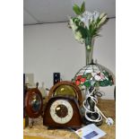 FIVE ITEMS - A LAMP, VASE, MANTEL CLOCK AND TWO BAROMETERS, glass vase approximate height 71cm