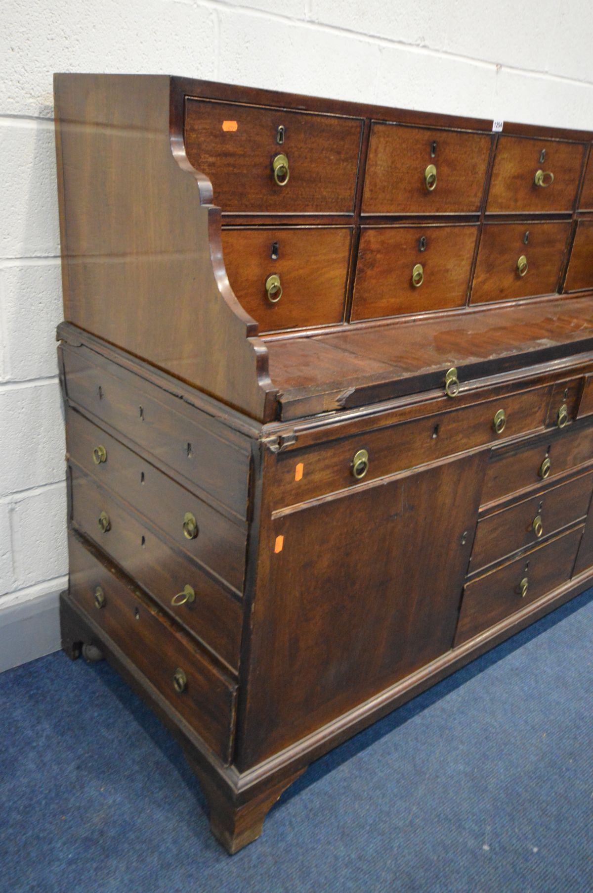 A GEORGIAN AND LATER MAHOGANY DESK, the top section with eight drawers and pull out writing slide, - Image 4 of 10