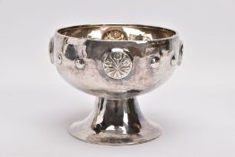 AN ARTS & CRAFTS SILVER ROSE BOWL, hammer effect to the bowl, embossed floral and foliate