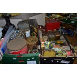 TWO BOXES AND LOOSE VINTAGE PACKAGING AND ADVERTISING, to include three petrol cans (one Shell,