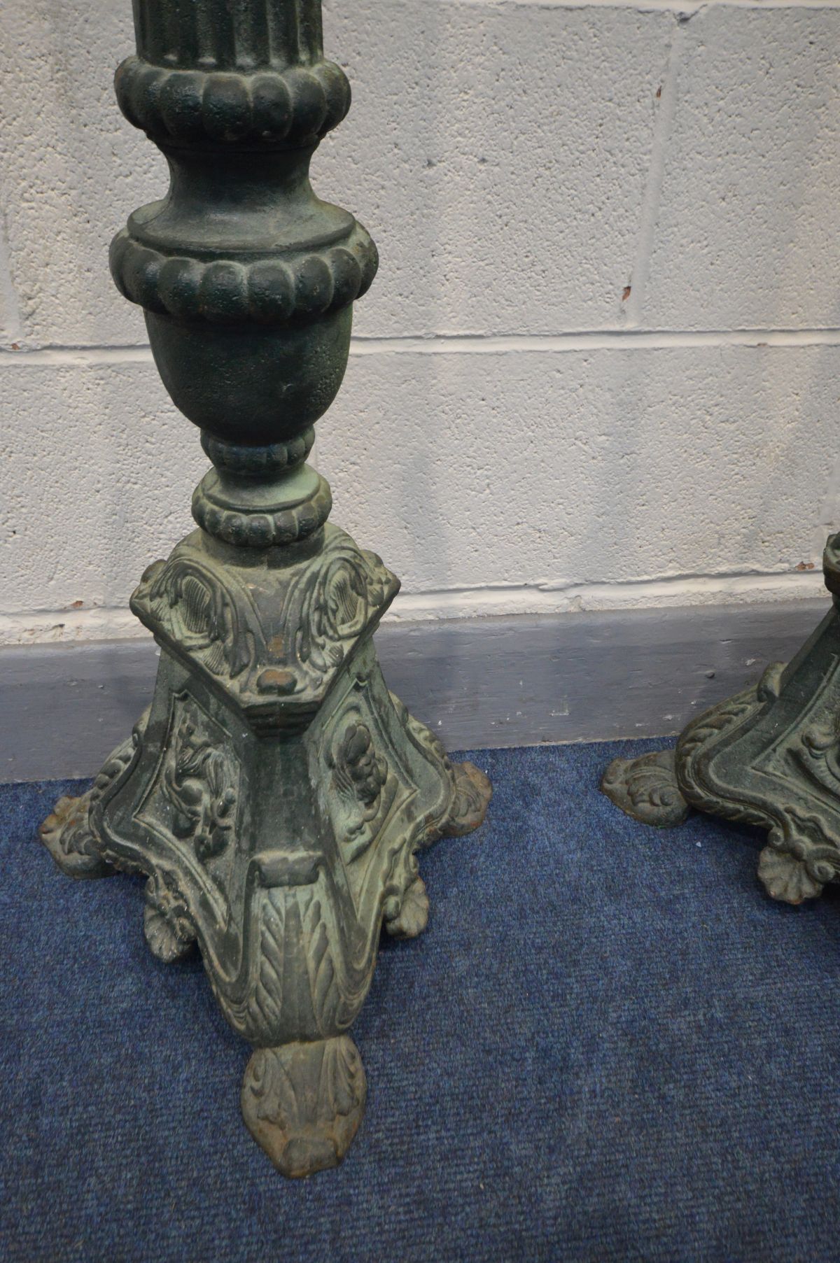 A PAIR OF ORNATE/GOTHIC CAST IRON PRICKET CANDLE STANDS, with later frosted cylindrical glass - Image 4 of 4