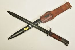 A LATE WWII/POST CZECH MADE RIFLE BAYONET, blade is stamped CSZ-R, E3-46 on scabbard with leather