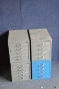 FOUR BISLEY METAL FOUR FILE CABINETS, two in grey with five drawers and one in blue and one in