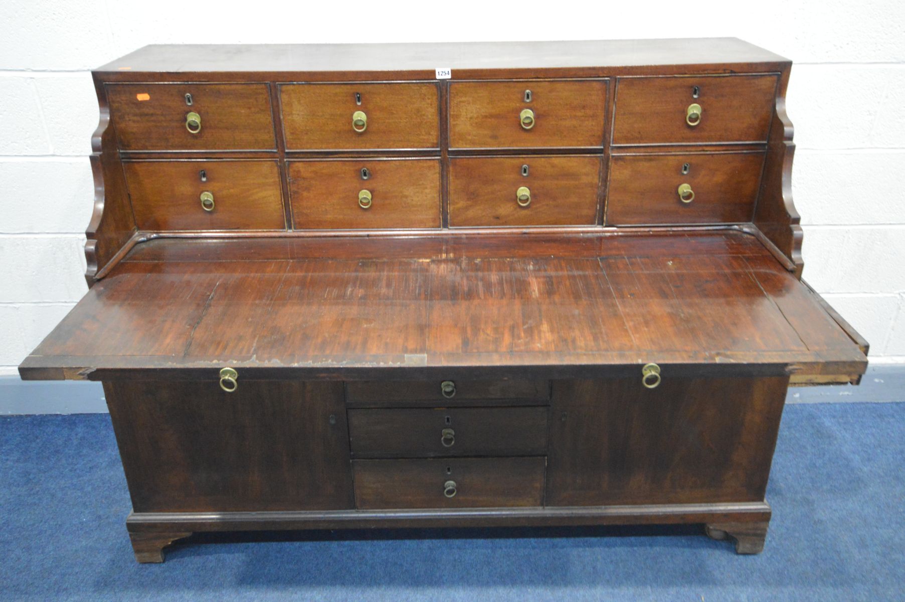 A GEORGIAN AND LATER MAHOGANY DESK, the top section with eight drawers and pull out writing slide, - Image 10 of 10