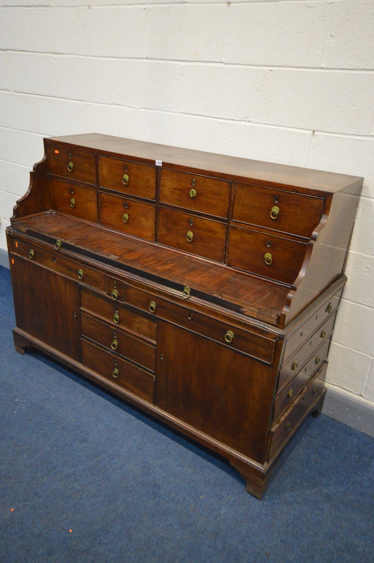 A GEORGIAN AND LATER MAHOGANY DESK, the top section with eight drawers and pull out writing slide, - Image 2 of 10