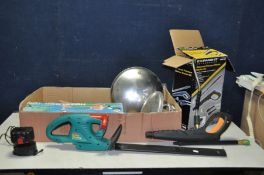 A TRAY OF MISC GARDEN EQUIPMENT including a Bosch 52 Accu 14.4v hedge trimmer with one battery and