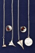 FOUR PENDANT NECKLACES AND A PAIR OF EARRINGS, to include two Concorde pendants one stamped 'Silver'