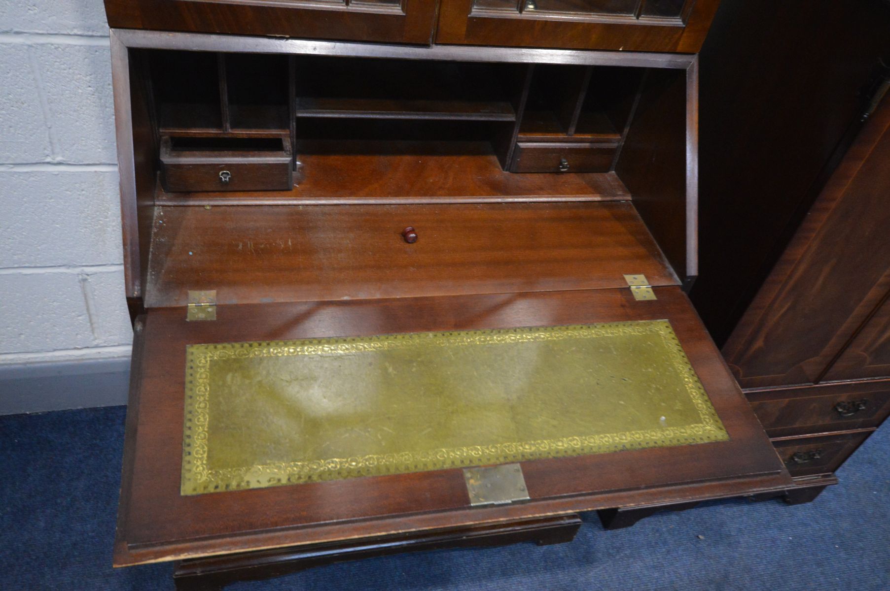 A MAHOGANY BUREAU BOOKCASE, width 75cm x depth 45cm x height 189cm, along with a hi-fi cabinet and - Image 2 of 3