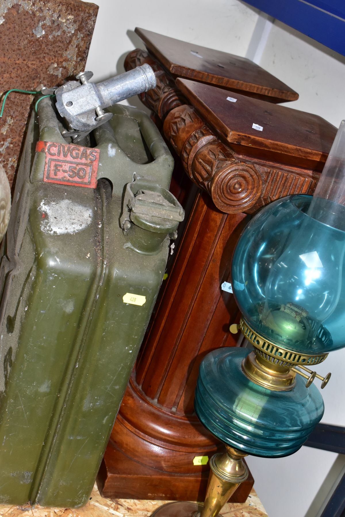 SEVEN ITEMS, comprising a pair of wooden column pedestals, military marked petrol can, two oil - Image 8 of 9