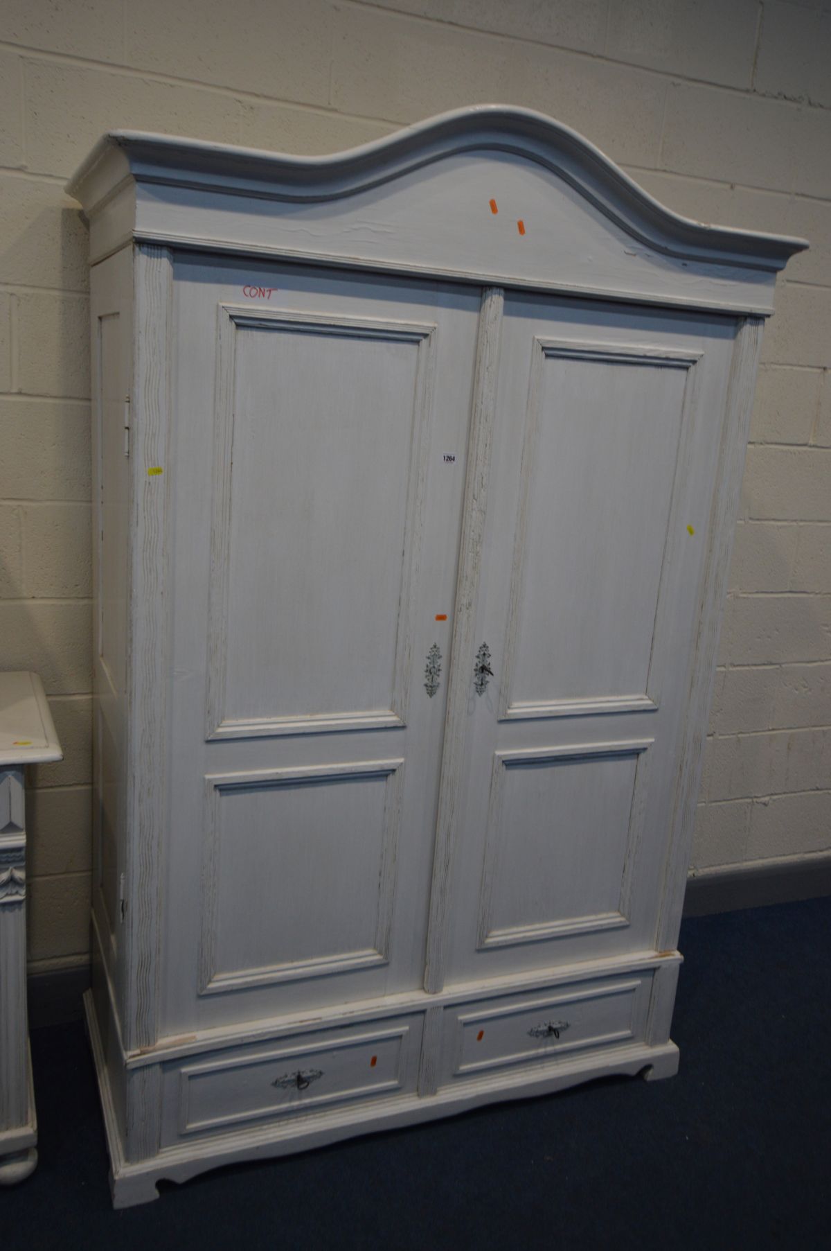 A PINE PANELLED TWO DOOR ARMOIRE, later painted white, above two drawers, width 140cm x depth 67cm x - Image 2 of 4