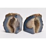 TWO GEODE BOOK ENDS, quartz geodes with a bluish/grey banded rim