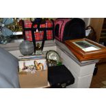 TWO BOXES AND LOOSE LPS, METAL WARES, PICTURES, ETC, to include an oil lamp with shade and