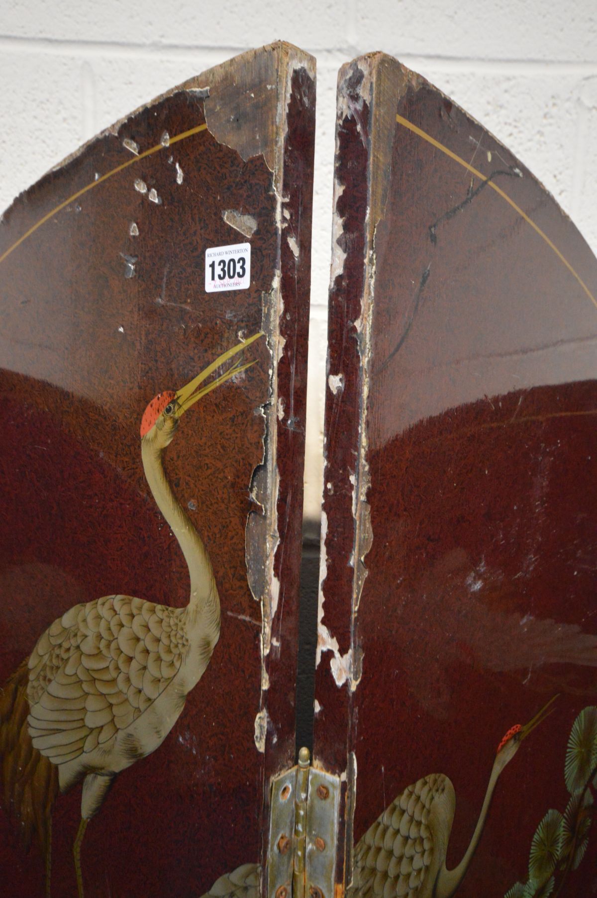 AN ORIENTAL RED LAQUERED FOUR FOLDING SCREEN, with chinoiserie decoration including four herons, - Image 3 of 6