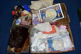 FOUR BOXES OF LADIES SCARVES, FUR ITEMS AND TABLE LINENS, ETC, to include vintage ladies scarves