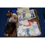 FOUR BOXES OF LADIES SCARVES, FUR ITEMS AND TABLE LINENS, ETC, to include vintage ladies scarves