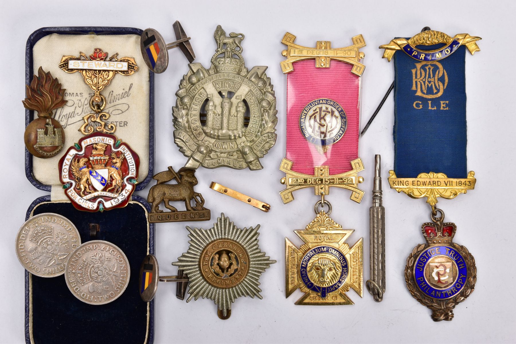 A SELECTION OF MAINLY MEDALS, to include an enamel Royal Masonic Institution medal, a silver gilt