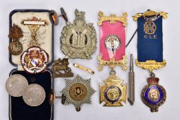 A SELECTION OF MAINLY MEDALS, to include an enamel Royal Masonic Institution medal, a silver gilt