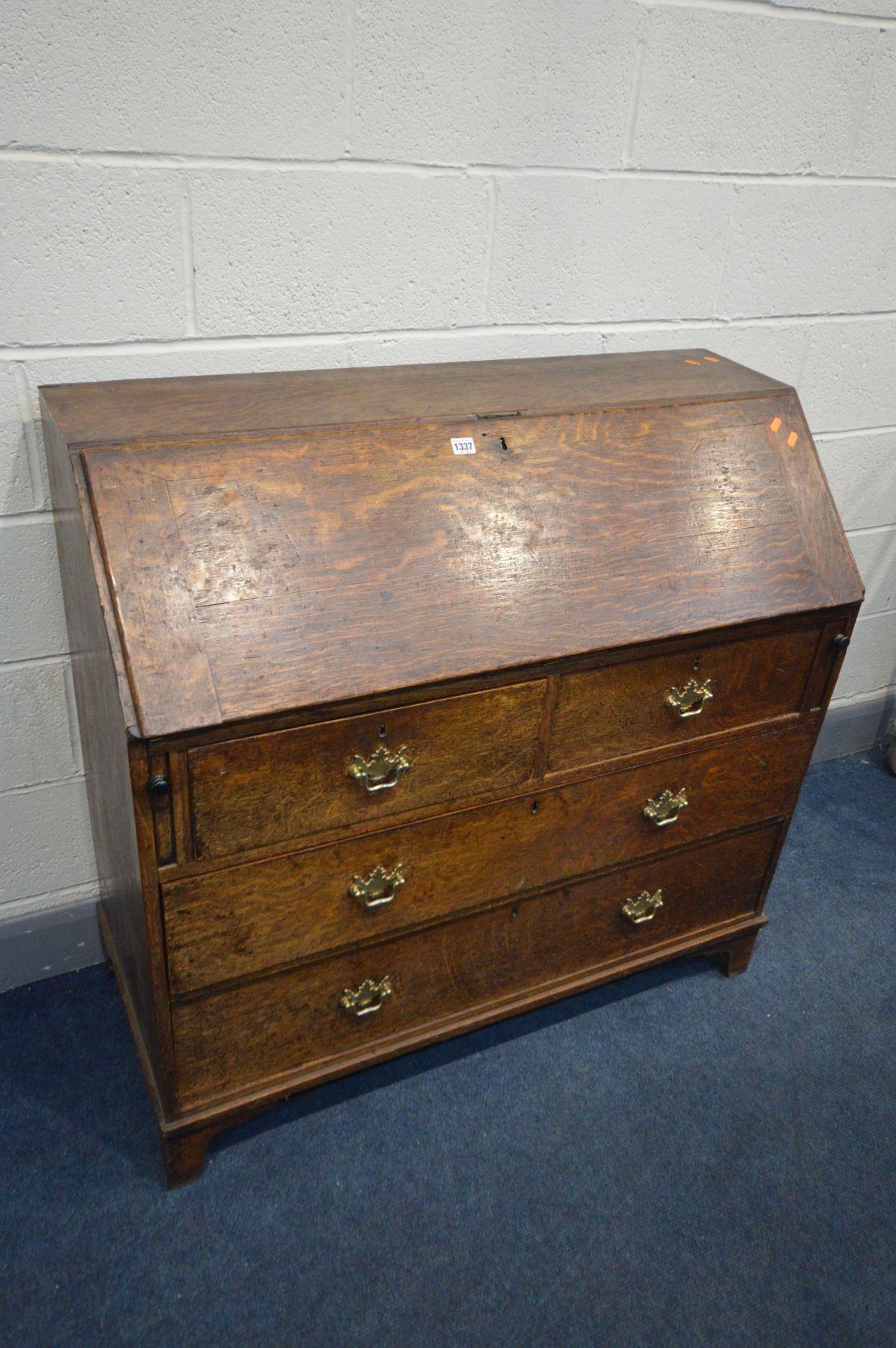 A GEORGIAN OAK BUREAU, with a fitted interior, above four drawers, on bracket feet, width 107cm x - Image 2 of 5