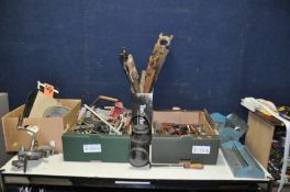 THREE TRAYS AND A METAL TOOLBOX CONTAINING TOOLS ETC including files, saws, a coaching lamp, etc
