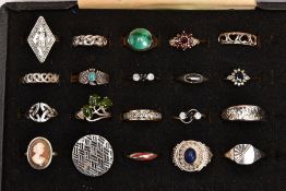 A RING DISPLAY BOX WITH ASSORTED WHITE METAL RINGS, twenty rings of various designs such as Celtic