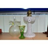 A WHITE OPAQUE OIL LAMP, with clear chimney and etched glass shade, height 36cm to top of fitting,
