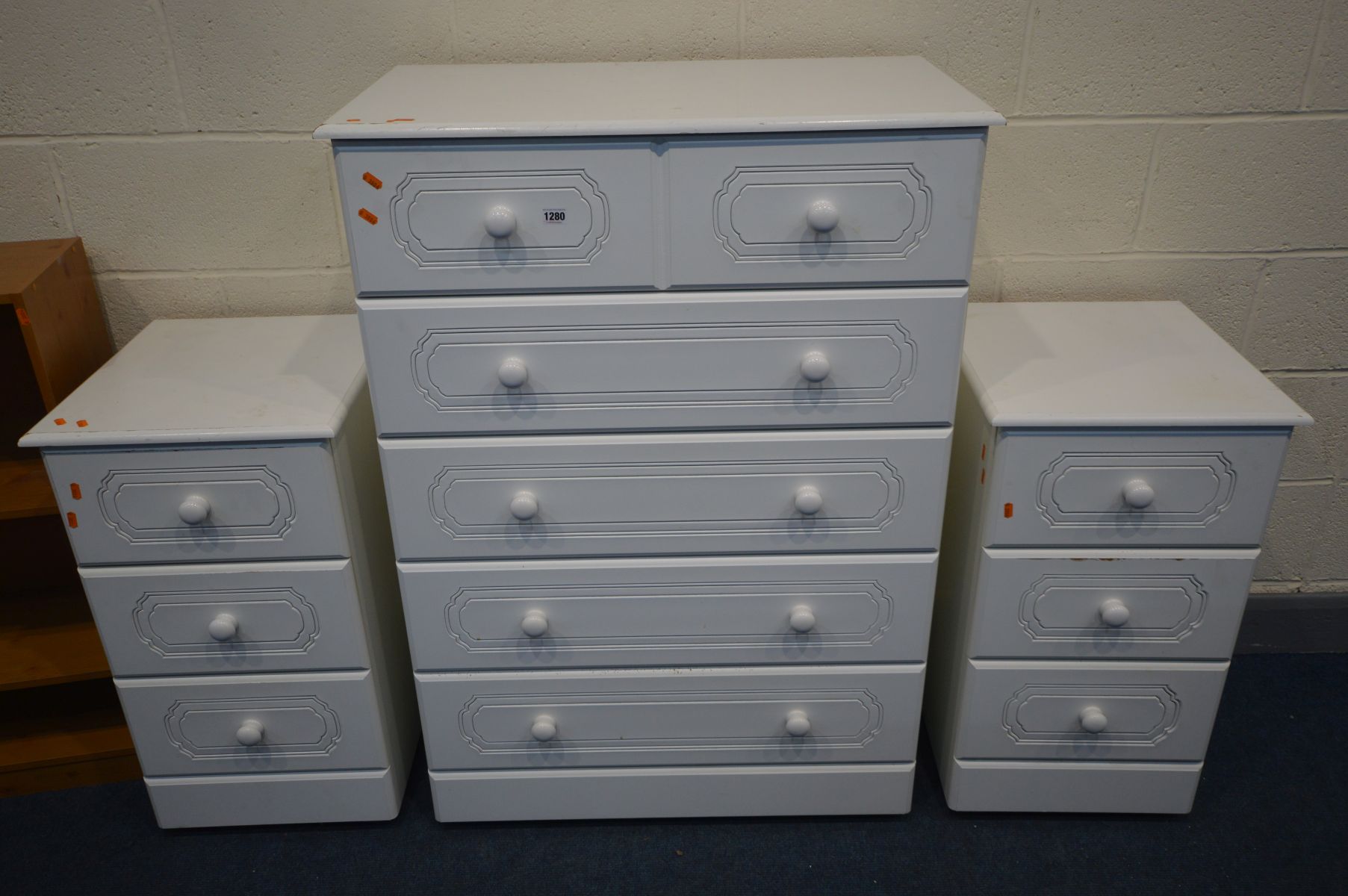 A TALL WHITE CHEST OF FIVE DRAWERS, and a pair of matching three drawer bedside cabinets, beech open - Image 2 of 3