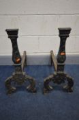 A PAIR OF VICTORIAN CAST IRON ANDIRONS, depth 50cm x height 59cm