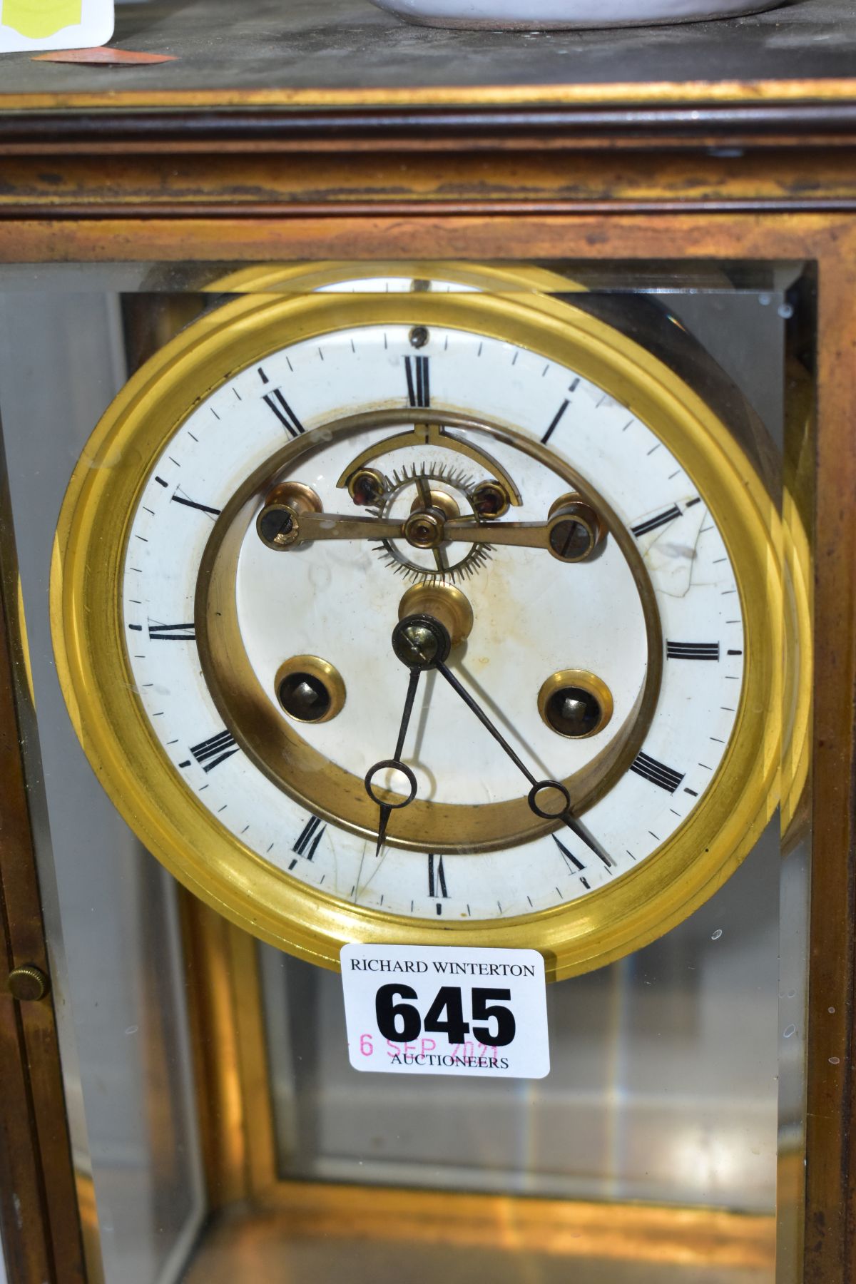 A LATE 19TH CENTURY FRENCH BRASS CASED MANTEL CLOCK OF RECTANGULAR FORM, four glazed panels, white - Image 3 of 8