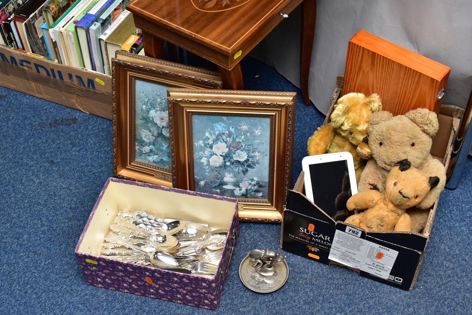 TWO BOXES OF TEDDY BEARS, PRINTS, CUTLERY AND A SMALL ITALIAN MUSICAL TABLE, the bears all in much