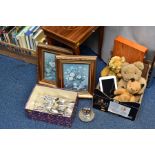 TWO BOXES OF TEDDY BEARS, PRINTS, CUTLERY AND A SMALL ITALIAN MUSICAL TABLE, the bears all in much