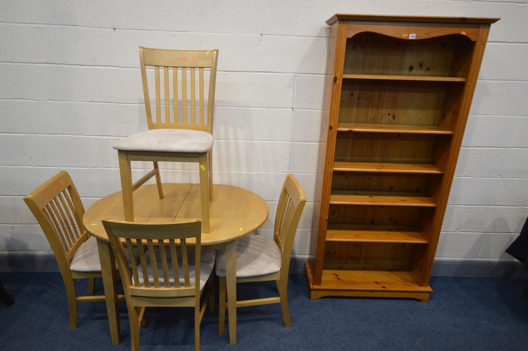 A MODERN PINE OPEN BOOKCASE, width 86cm x depth 30cm x height 184cm (Sd) together with a beech