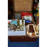 TWO WOODEN CHESTS AND ONE BOX OF CERAMICS, GLASS AND METAL OBJECTS, to include Shelley vase with
