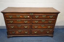 A GEORIGAN AND LATER OAK AND MAHOGANY CROSSBANDED LANCASHIRE CHEST, the front with four dummy